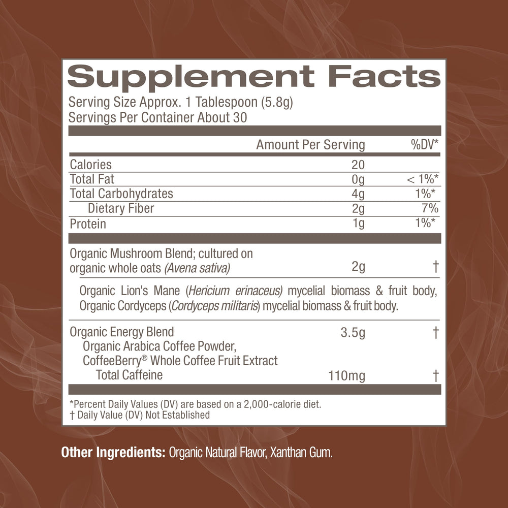Front view of the 6.24 oz OM MUSHROOM SUPERFOOD canister with label.