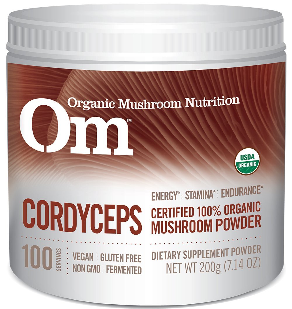Om Mushroom Superfood Cordyceps powder jar showing packaging for energy support