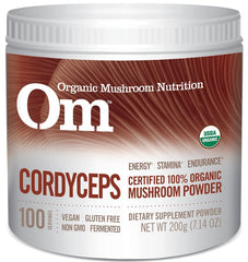 Om Mushroom Superfood Cordyceps powder jar showing packaging for energy support
