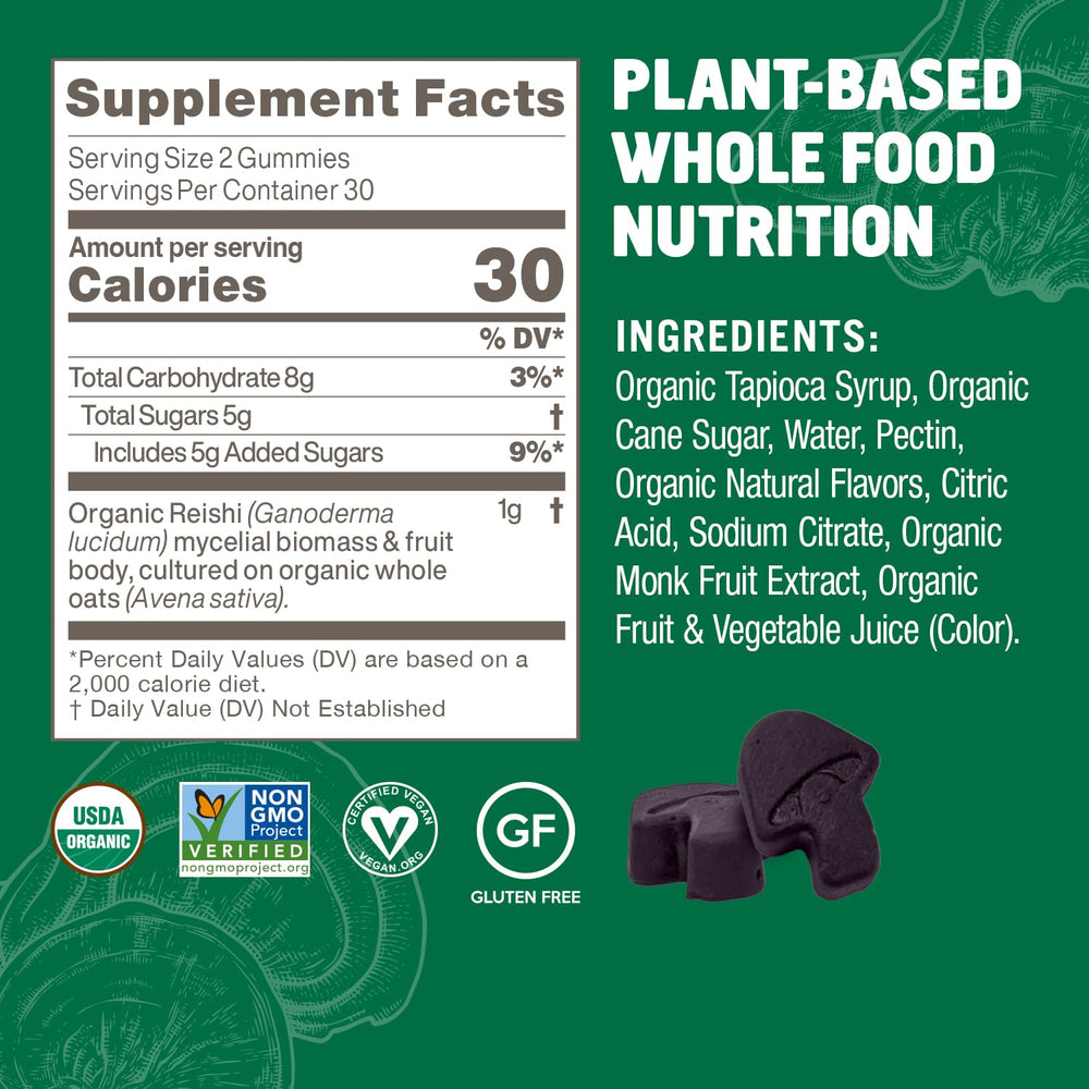 OM Mushroom Superfood Gummies serving size illustrating two gummies per serving