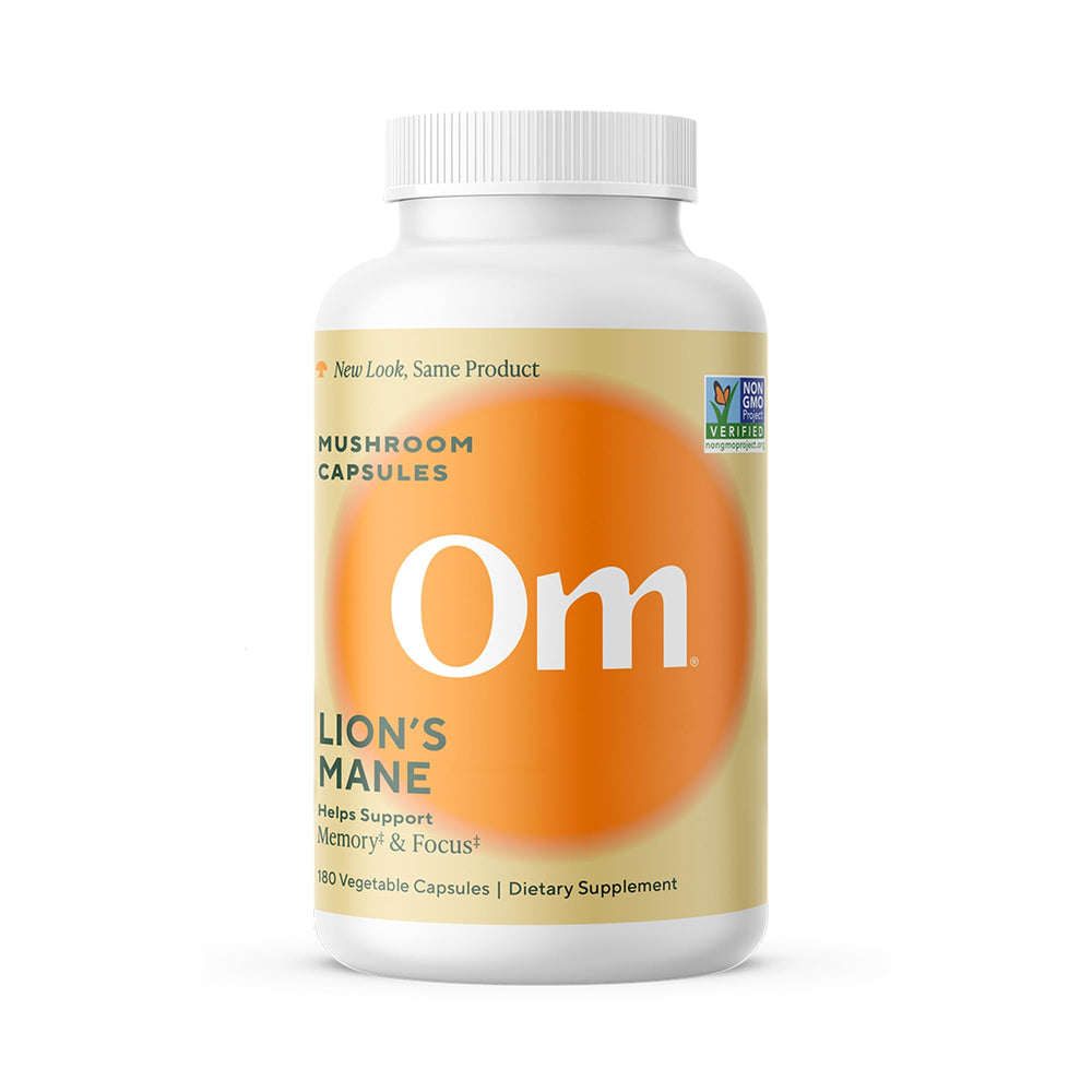 OM MUSHROOM SUPERFOOD Om Lion’s Mane capsules bottle close-up for memory and focus