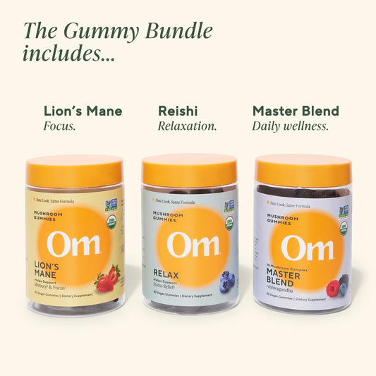 Close-up of OM Mushroom Superfood Lions Mane Focus gummies bottle