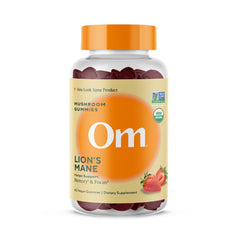 OM Mushroom Superfood Lion’s Mane Gummies bottle front highlighting strawberry flavor for daily focus.