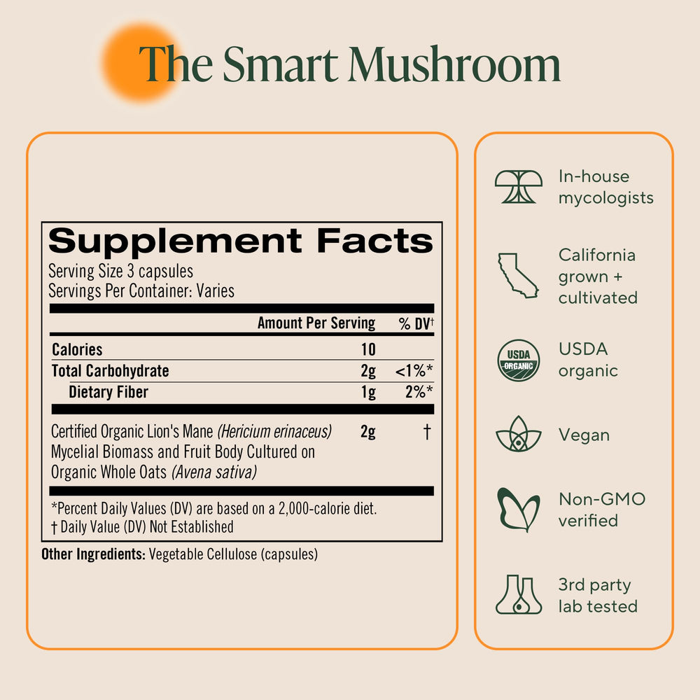 OM MUSHROOM SUPERFOOD lions mane packaging on shelf emphasizing organic wellness
