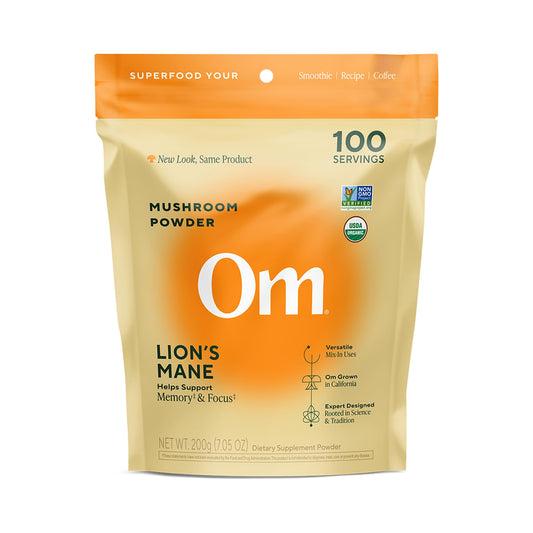 OM Mushroom Superfood Lion’s Mane powder jar promotes daily brain support.