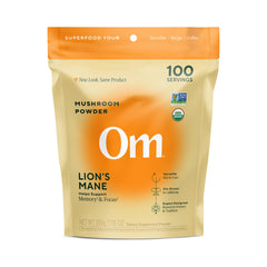 OM Mushroom Superfood Lion’s Mane powder jar promotes daily brain support.