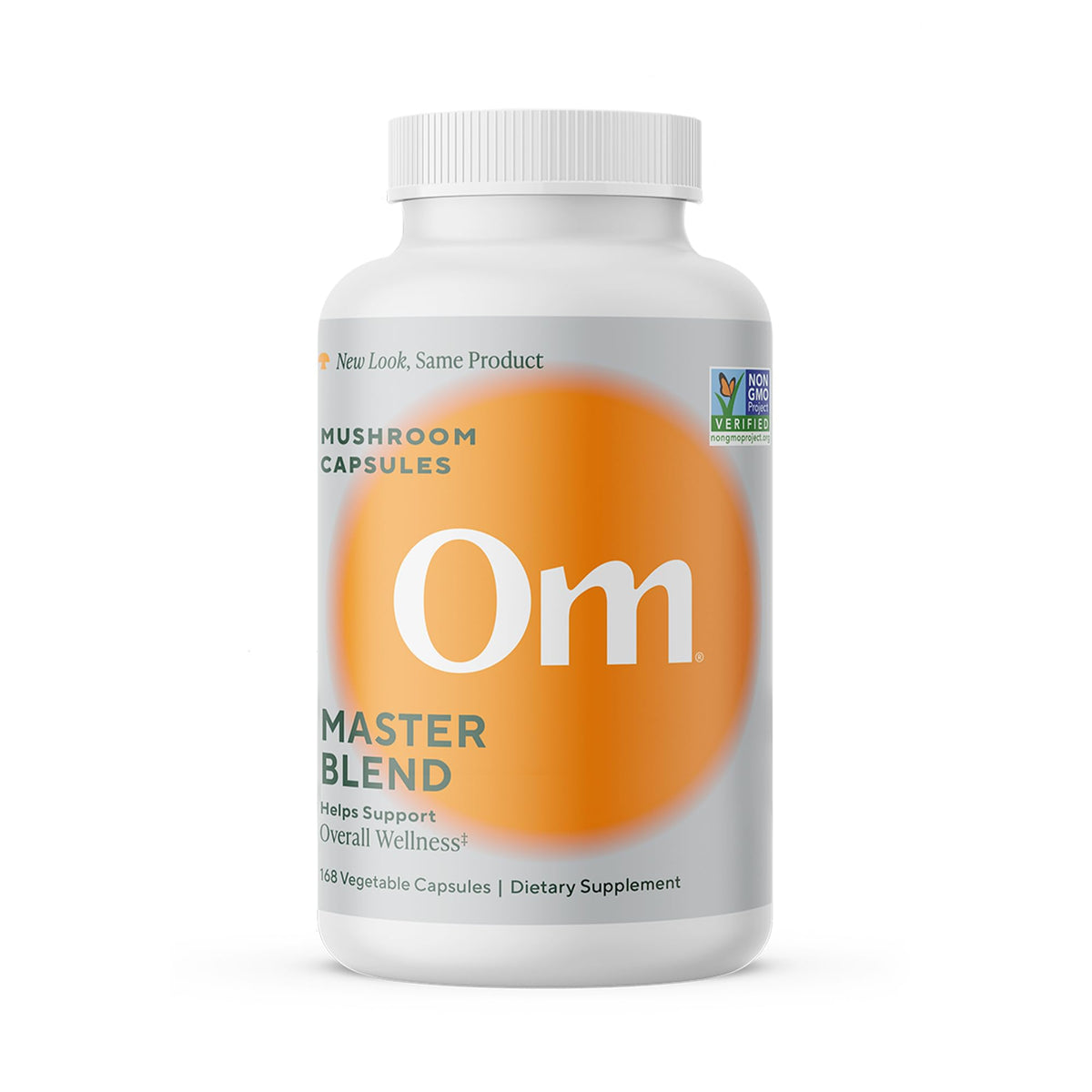 OM Mushroom Superfood Master Blend bottle front showing 168 capsules for immune and gut support