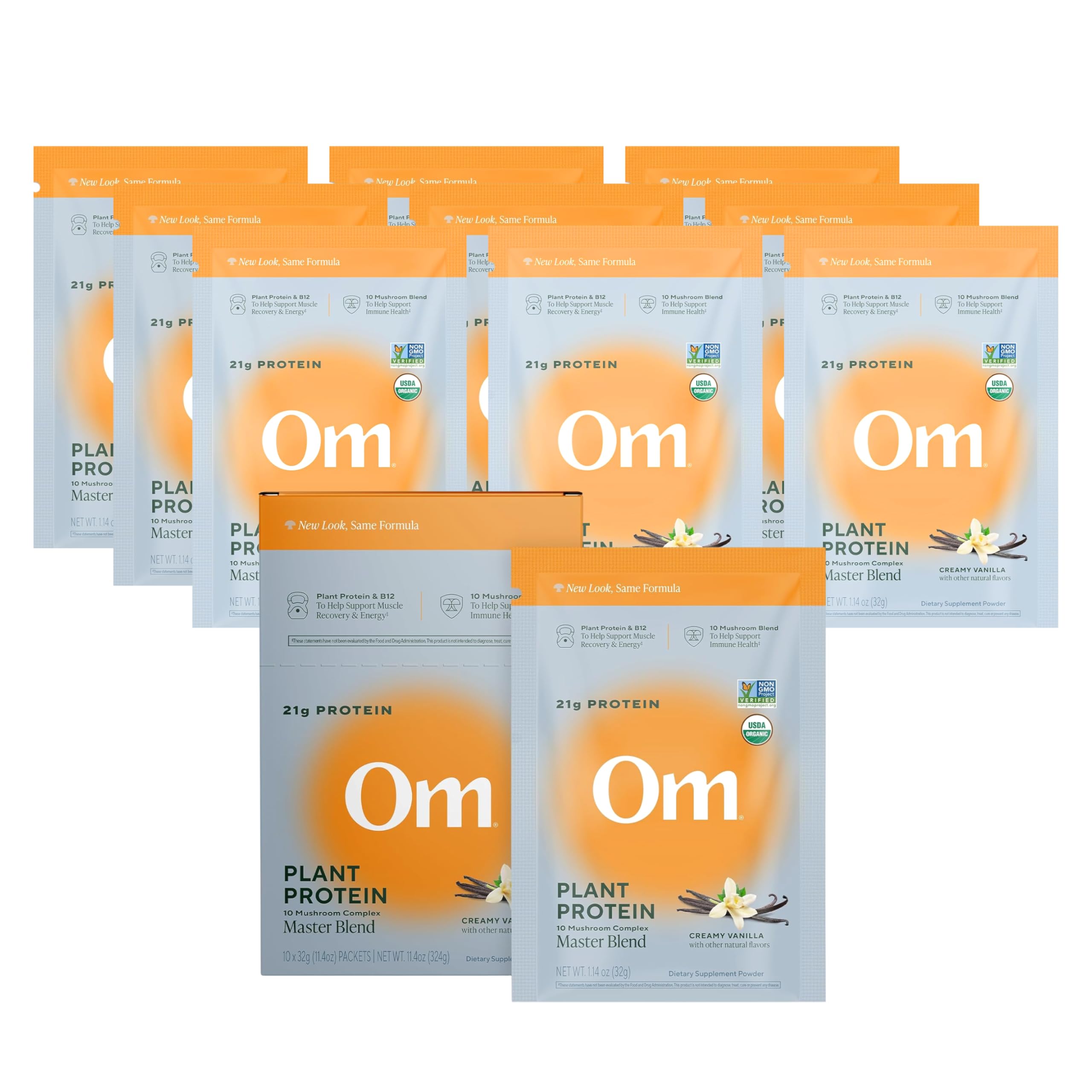 OM MUSHROOM SUPERFOOD Master Blend vanilla protein packet ready to mix for daily energy