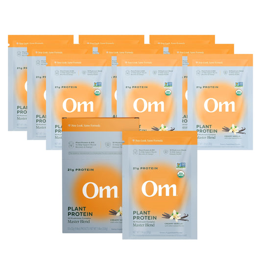 OM MUSHROOM SUPERFOOD Master Blend vanilla protein packet ready to mix for daily energy