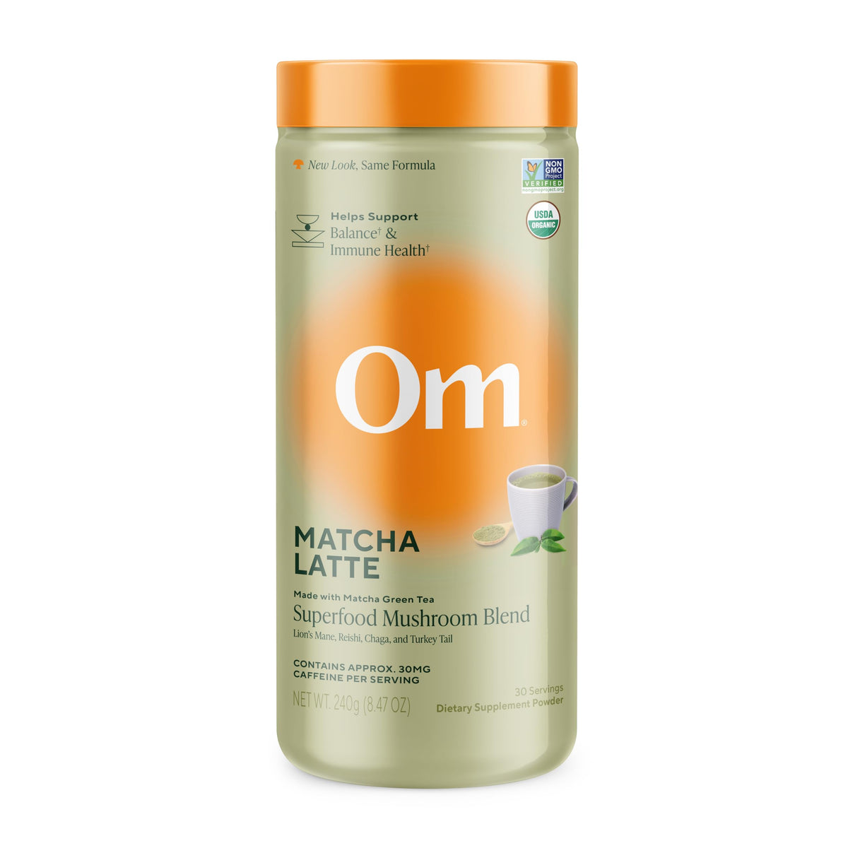 OM Mushroom Superfood Matcha Latte Canister showing 30 servings for daily focus