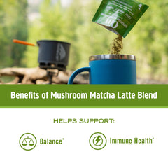 Preparing OM Mushroom Superfood Matcha Latte for a quick routine