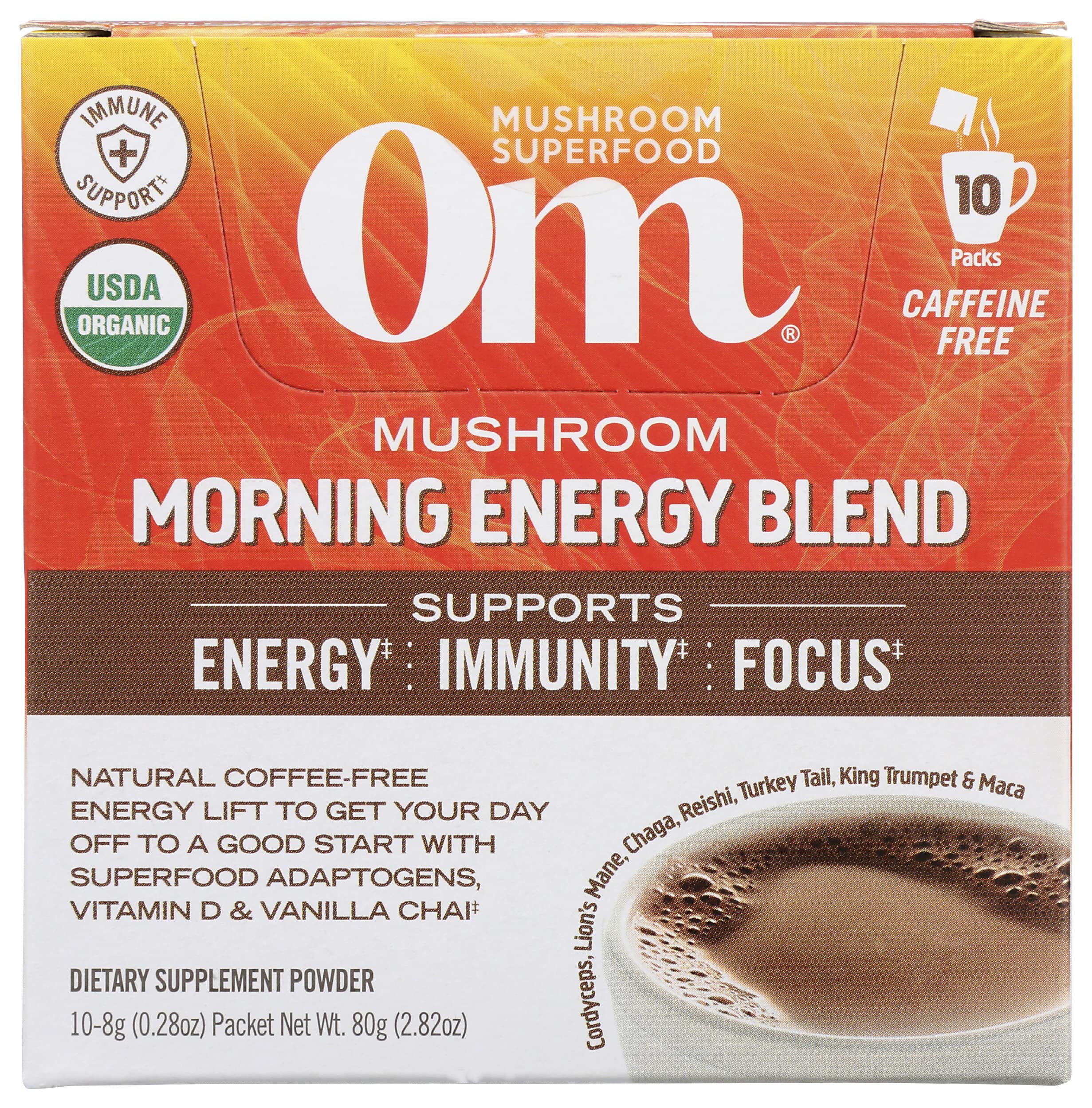 Om Mushroom Superfood Morning Energy Blend powder for a caffeine-free energy lift and focus.