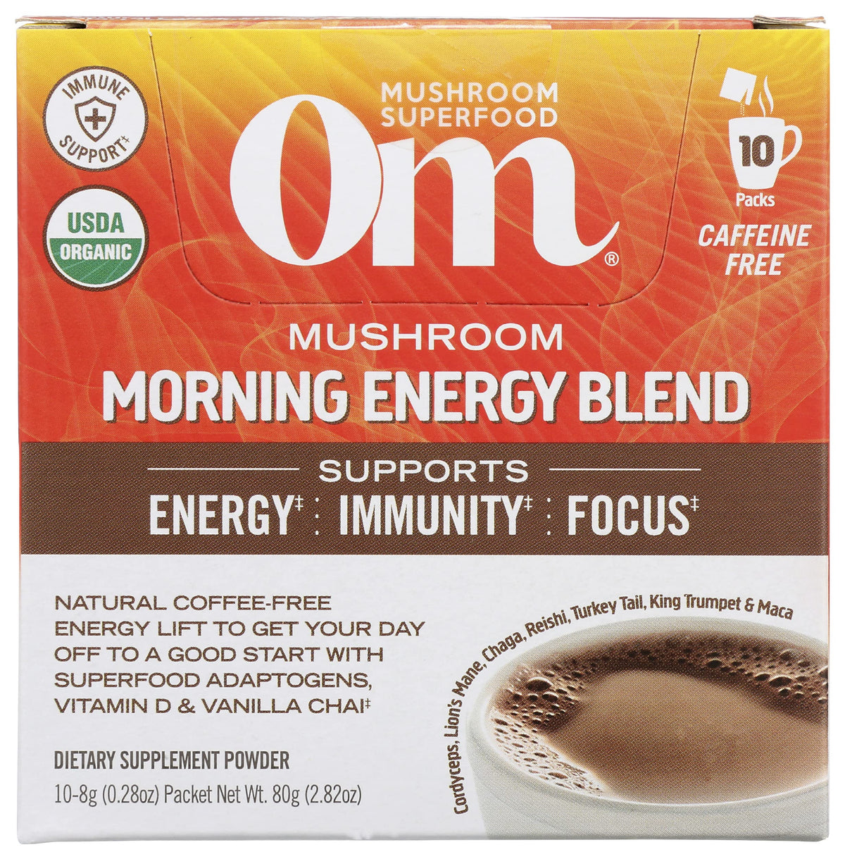 Om Mushroom Superfood Morning Energy Blend powder for a caffeine-free energy lift and focus.