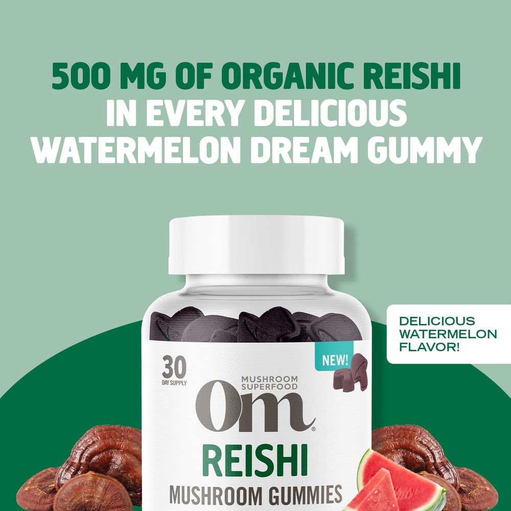 OM Mushroom Superfood Reishi Gummies closeup texture shows soft, chewy consistency