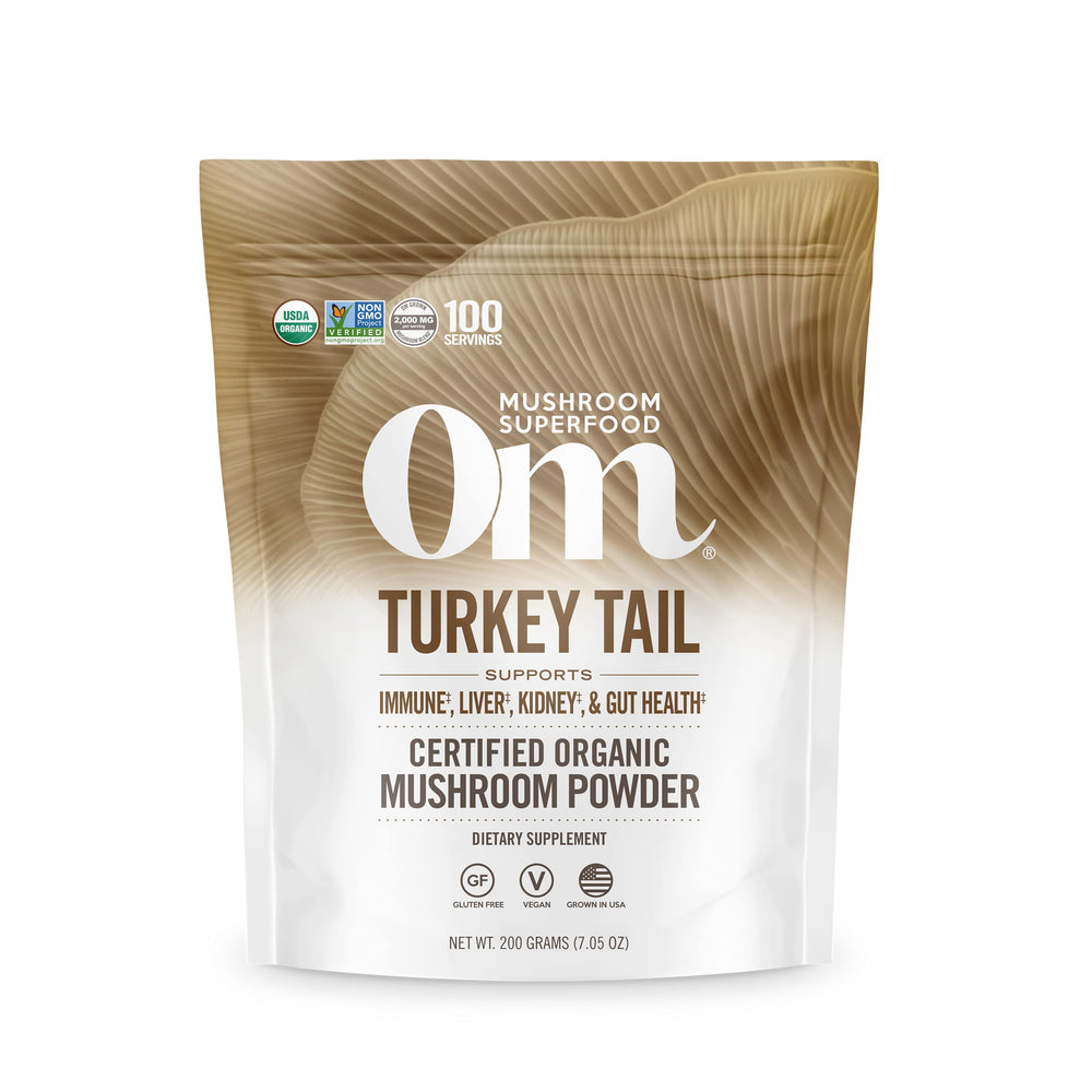 Om Mushroom Turkey Tail powder bottle ready for daily immune support.