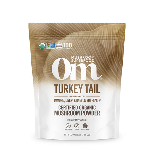 Om Mushroom Turkey Tail powder bottle ready for daily immune support.