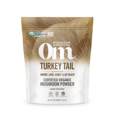 Om Mushroom Turkey Tail powder bottle ready for daily immune support.
