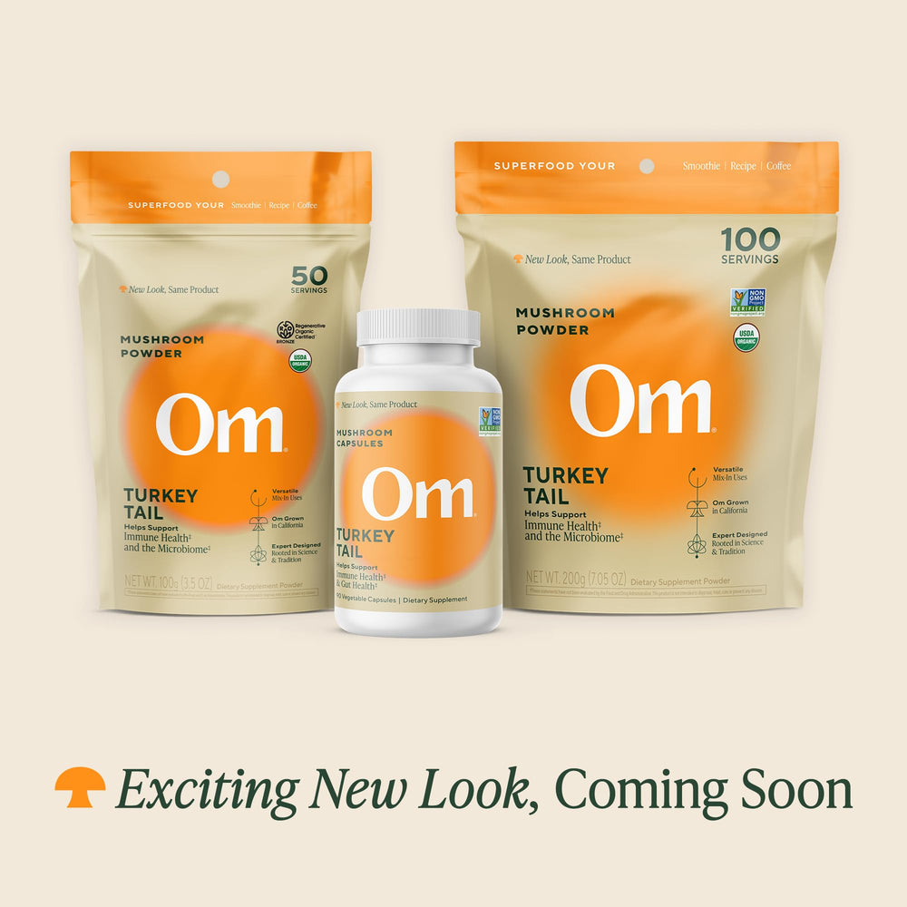 Om Mushroom Turkey Tail powder package highlighting organic, full-spectrum nutrition.