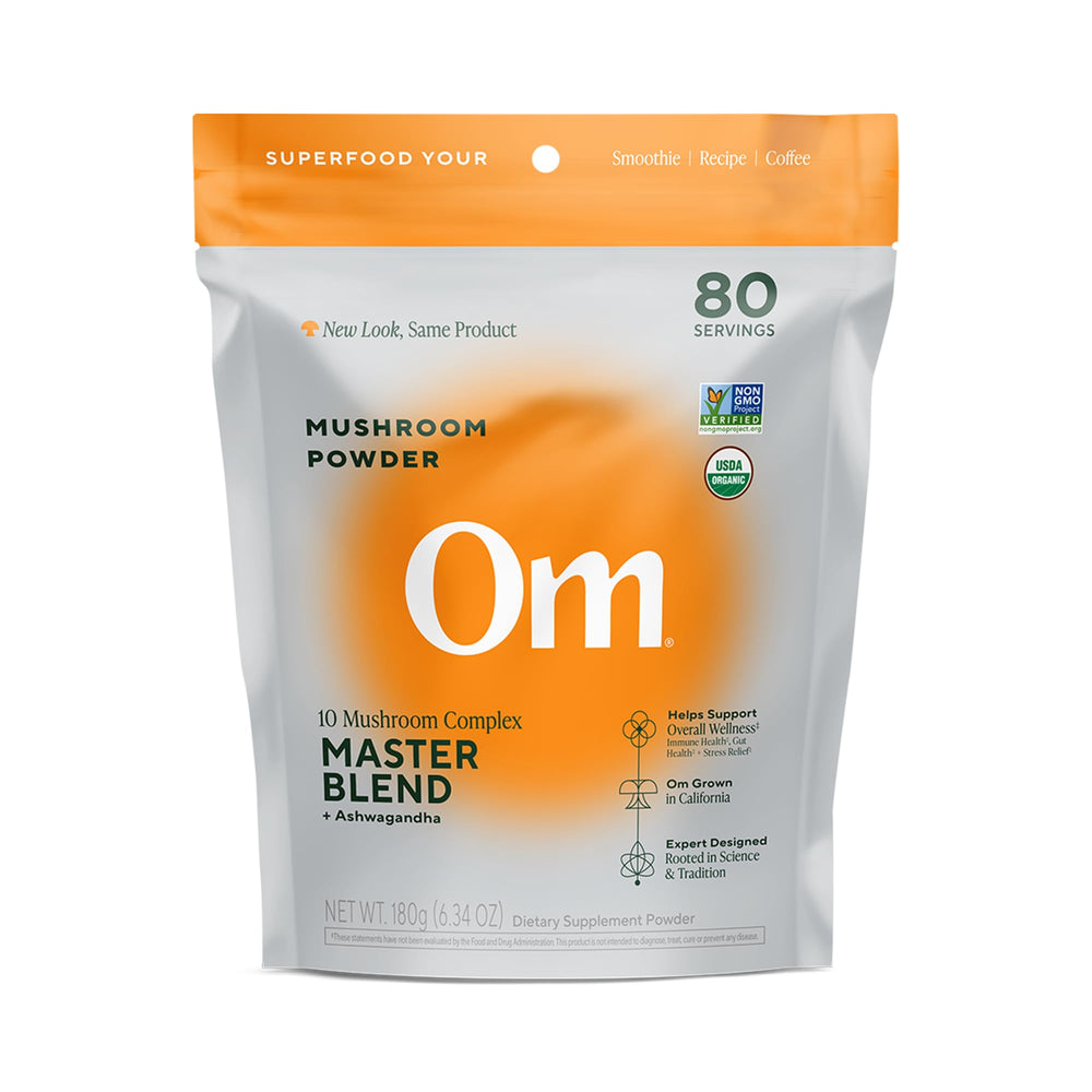OM Mushrooms Master Blend pouch front for convenient daily immune and gut support.