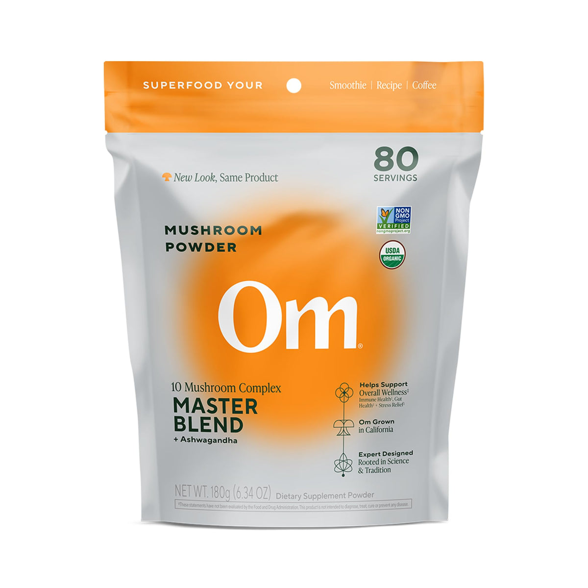 OM Mushrooms Master Blend pouch front for convenient daily immune and gut support.