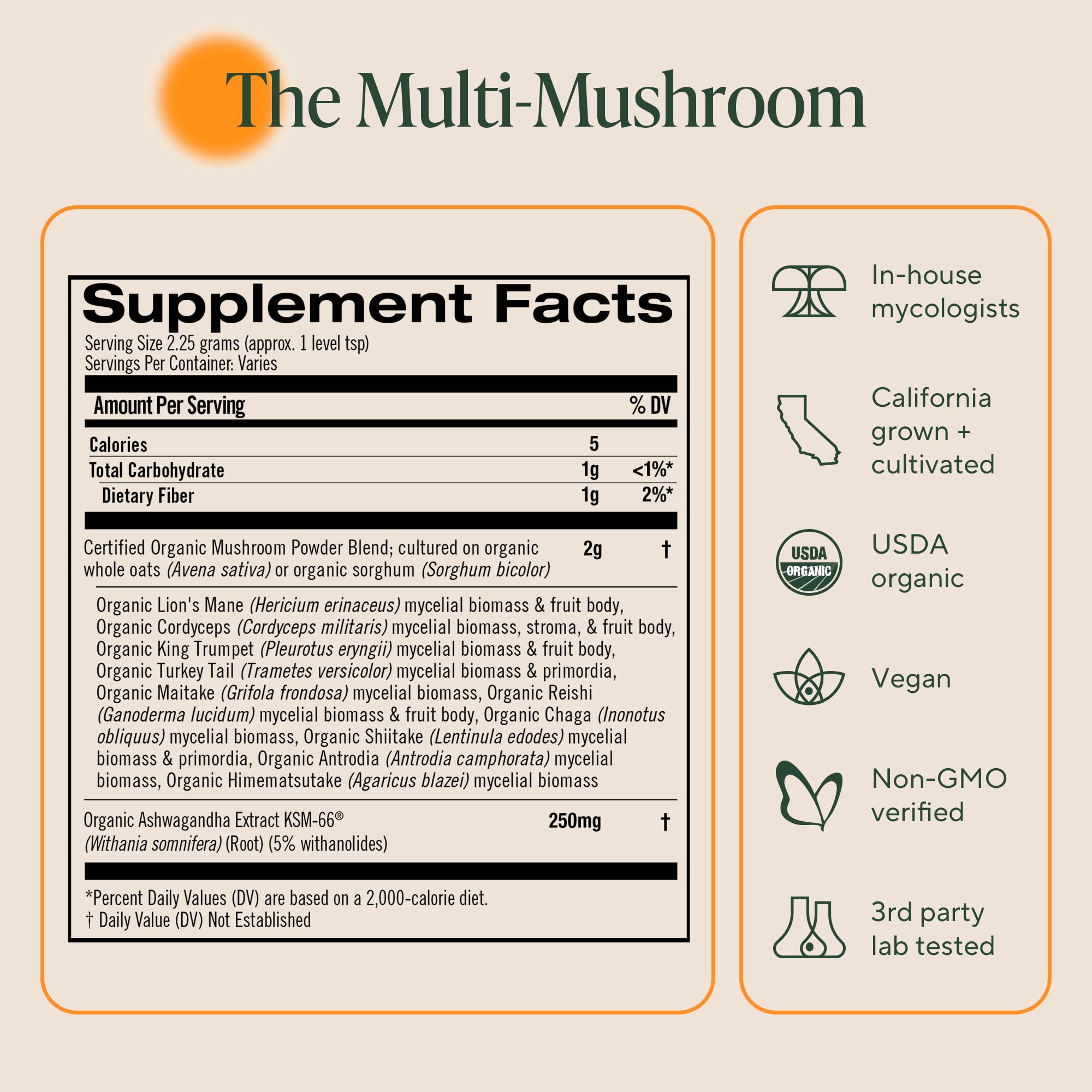 OM Mushrooms Master Blend USA grown farm branding.