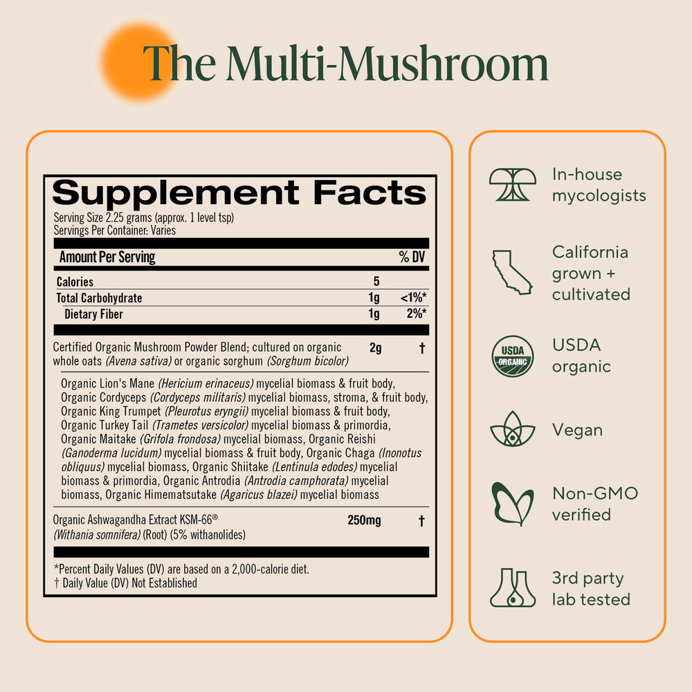 OM Mushrooms Master Blend USA grown farm branding.