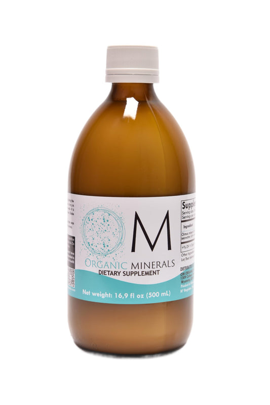 OM Organic Minerals 500ml bottle for easy daily mineral intake with tasteless formula.