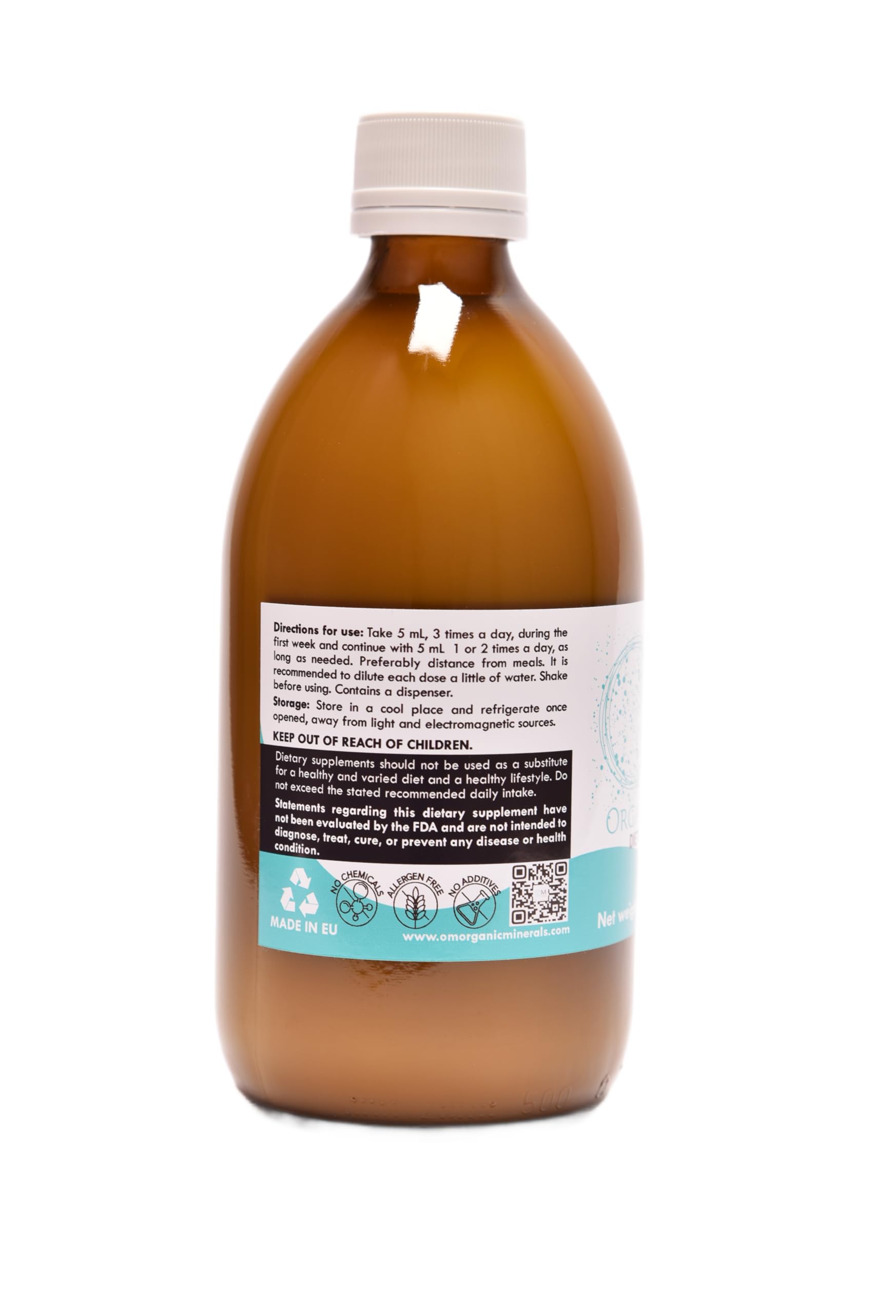 OM Organic Minerals Pure Premium label for clear product details and confidence.