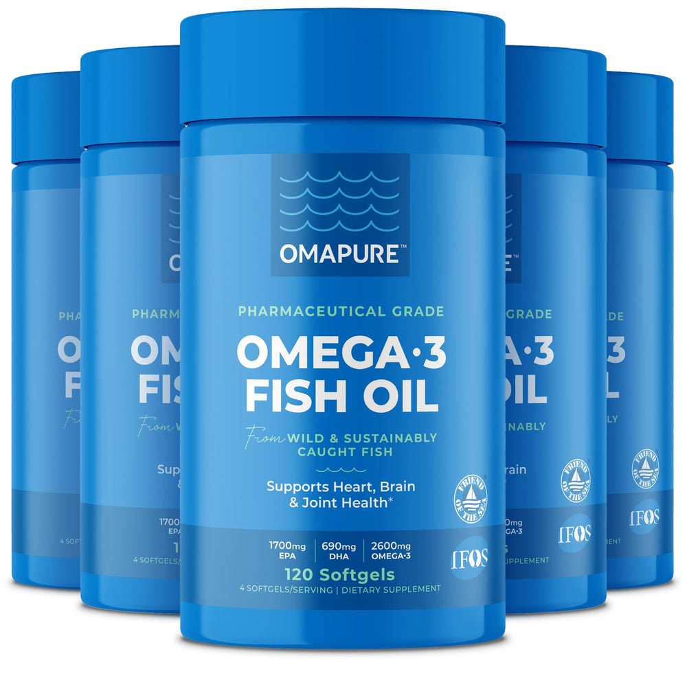 OMAPURE Fish Oil bottle front showing 75% Omega-3 purity for daily support