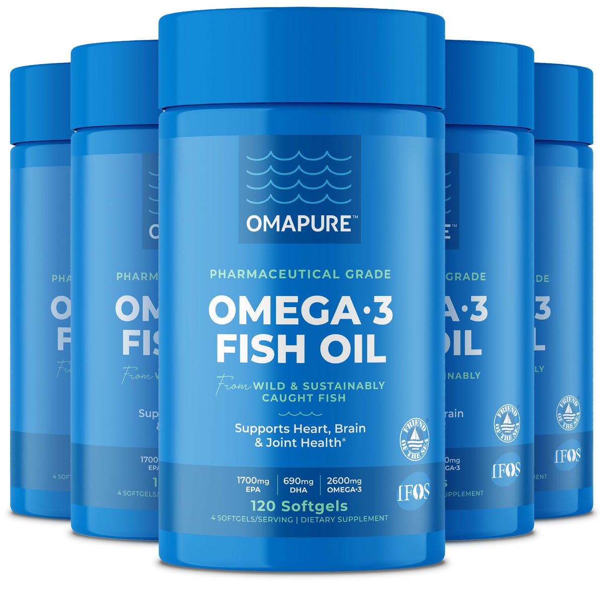 OMAPURE Fish Oil bottle front showing 75% Omega-3 purity for daily support
