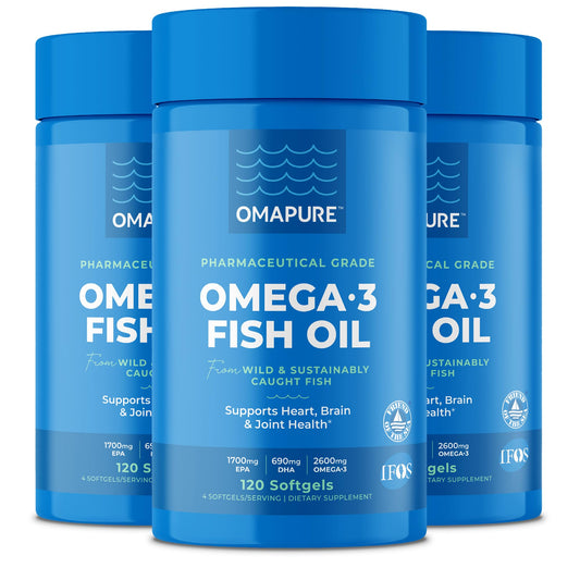 OMAPURE three-bottle pack shown to support daily omega-3 routines.