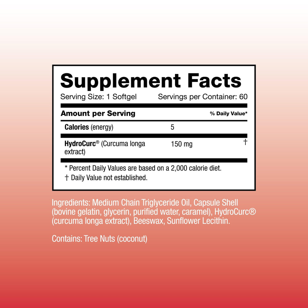 Omax3 HydroCurc label close-up highlights 150 mg per softgel