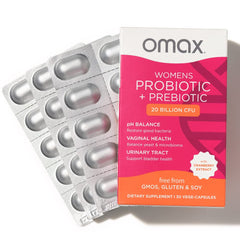 Omax3 prebiotics and probiotics bottle view highlighting women's health support and daily balance