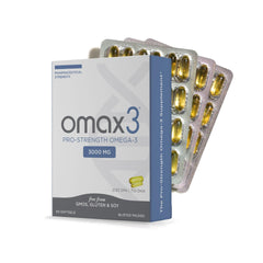 Omax3 professional strength Omega-3 softgels in a bottle for easy daily dosing.
