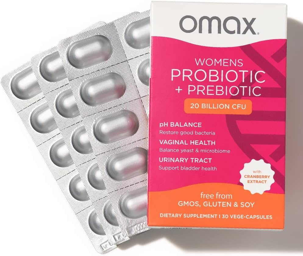 Omax3 cranberry extract probiotic supports urinary tract and vaginal balance.