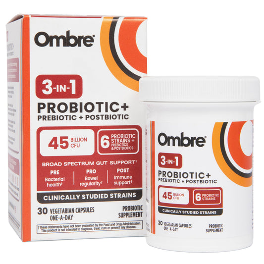 Ombre 3in1 probiotic bottle front with 30-day vegan capsules for gut health.