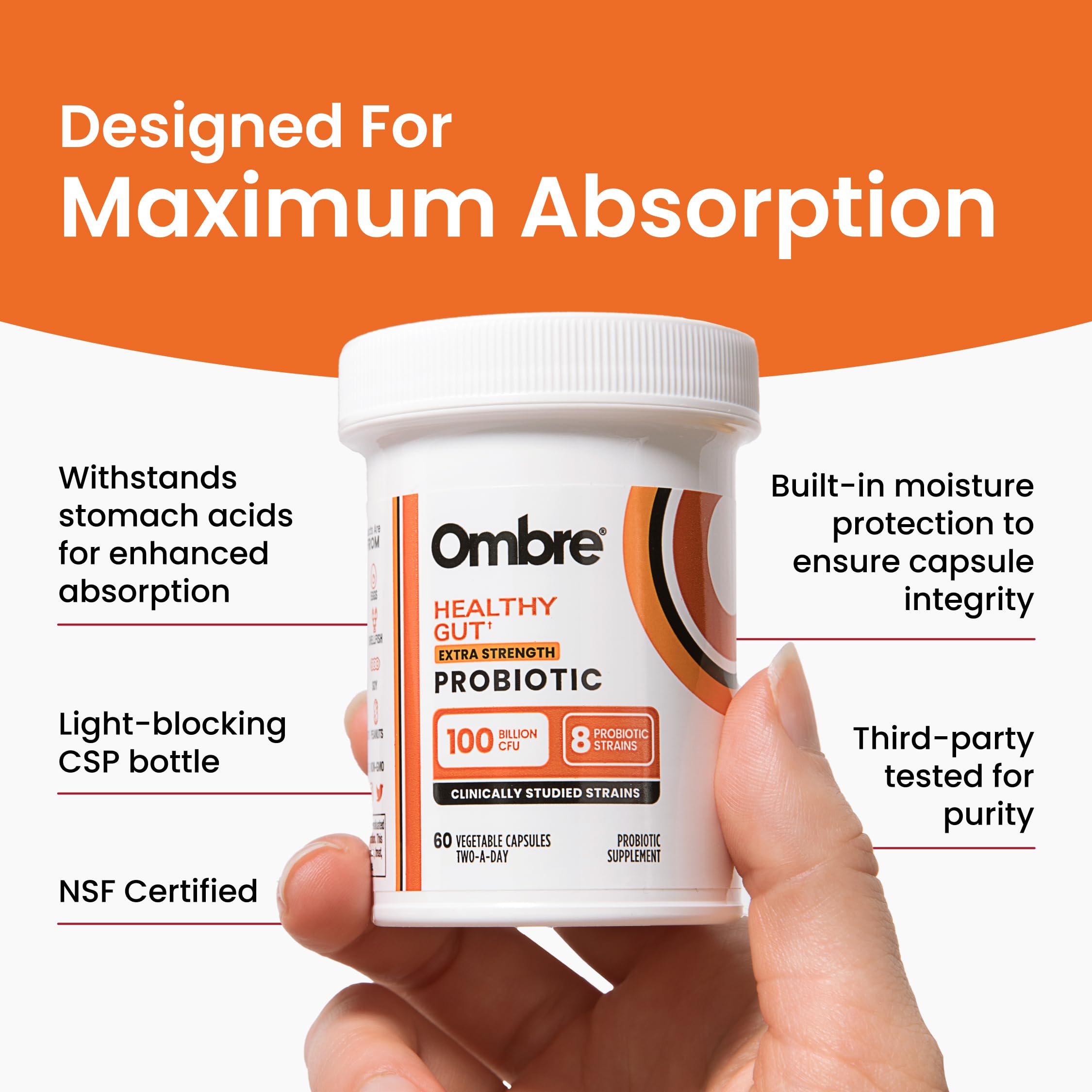 Moisture-proof CSP vial cap shown for shelf-stable storage of Ombre probiotics