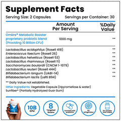 Ombre Metabolic Booster Probiotic prebiotic fiber graphic emphasizes gut health.