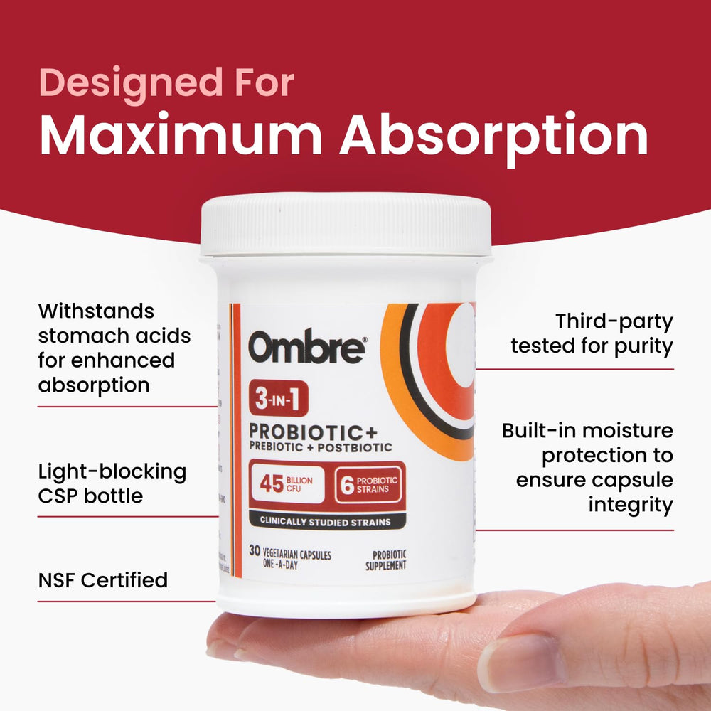 Ombre bottle close-up highlighting prebiotic fiber feeding good bacteria.