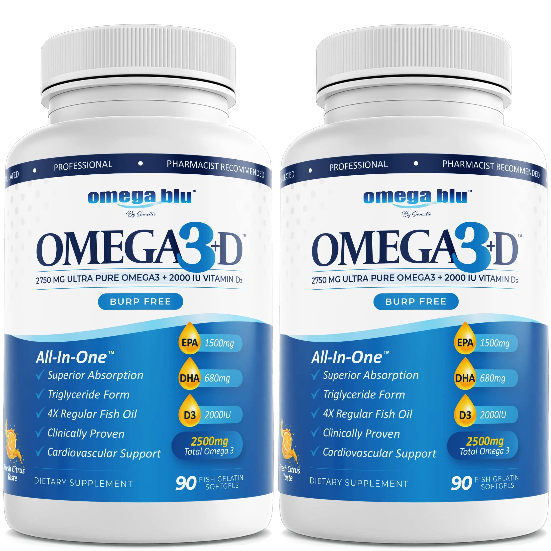 Omega Blu Triple Strength bottle pour showing a smooth, burp-free experience for daily heart health.