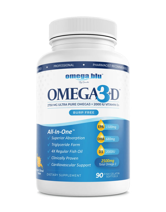 Omega Blu Triple Strength capsules close-up highlighting high EPA and DHA content.