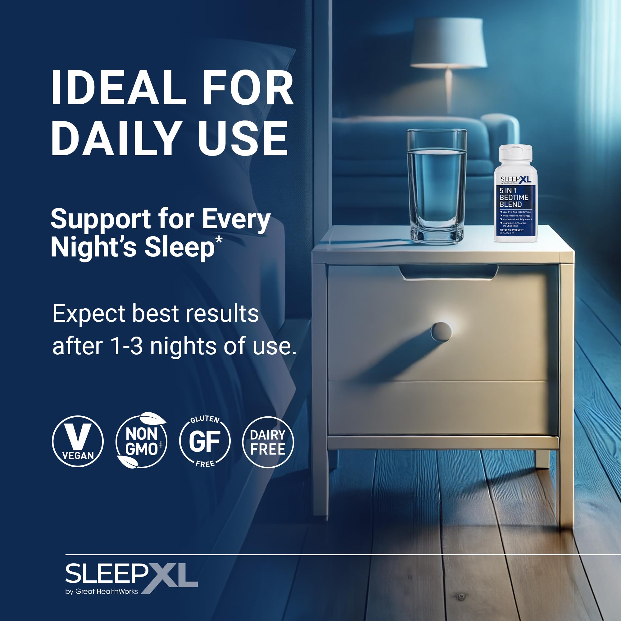 OmegaXL SleepXL relaxing scene illustrating stress-relief support with calming cues.