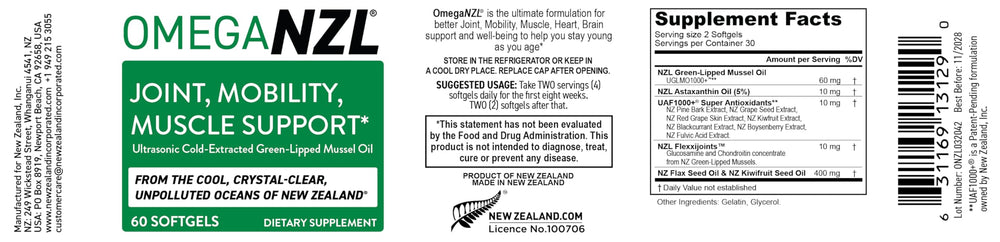 OMEGANZL Original Omega-3 Softgels package highlighting easy swallowing and mobility support