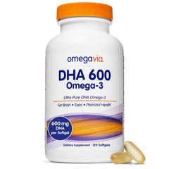 OmegaVia DHA 600 mg bottle with capsules for brain support