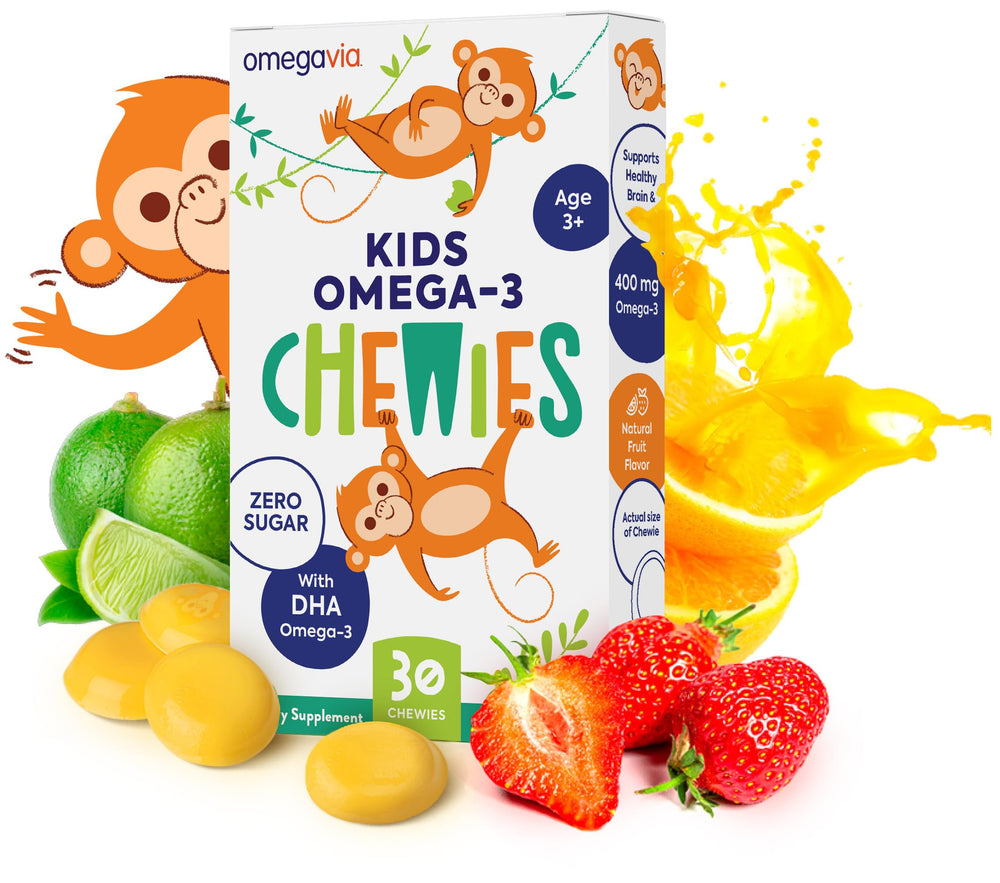 OmegaVia Kids Omega-3 Gummies bottle close-up for brain and eye support