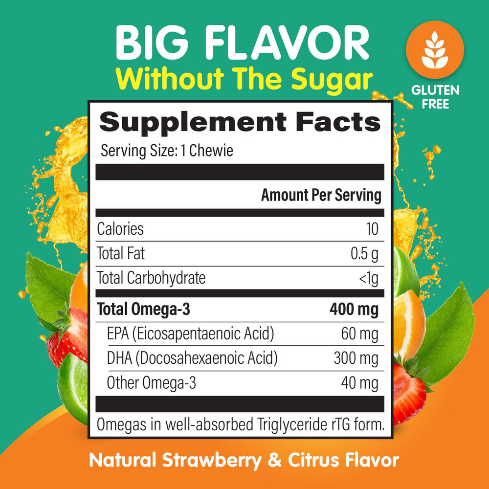 OmegaVia Kids Omega-3 Gummies pack open showing bite-sized gummies
