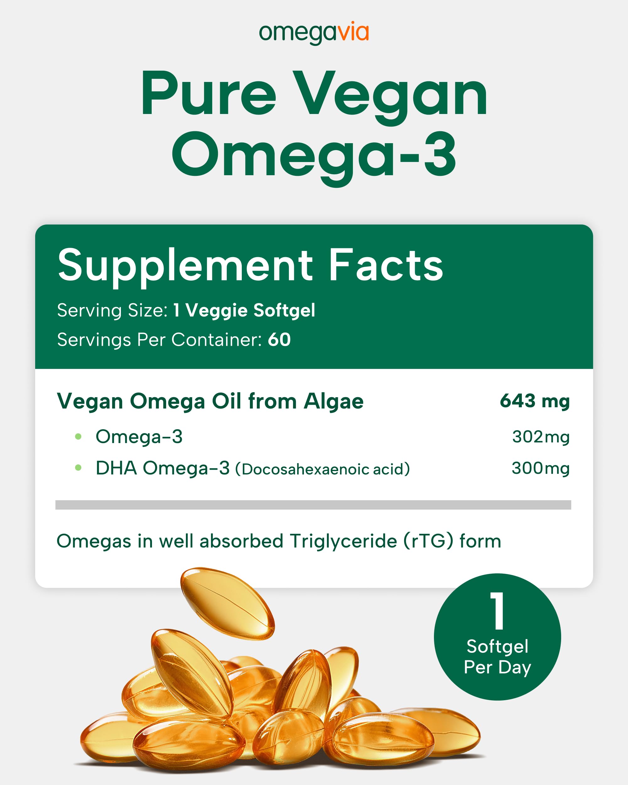 OmegaVia plant-based omega-3 bottle showcasing fish-free formula