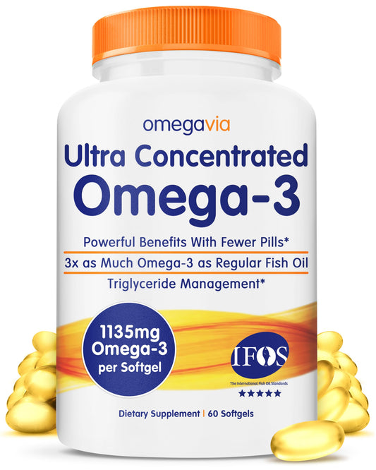 OmegaVia Ultra Concentrated Omega-3 fish oil bottle with burpless design for comfortable digestion.