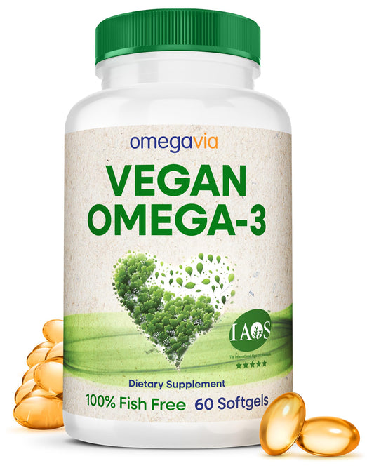 OmegaVia vegan omega-3 softgels package for daily DHA support