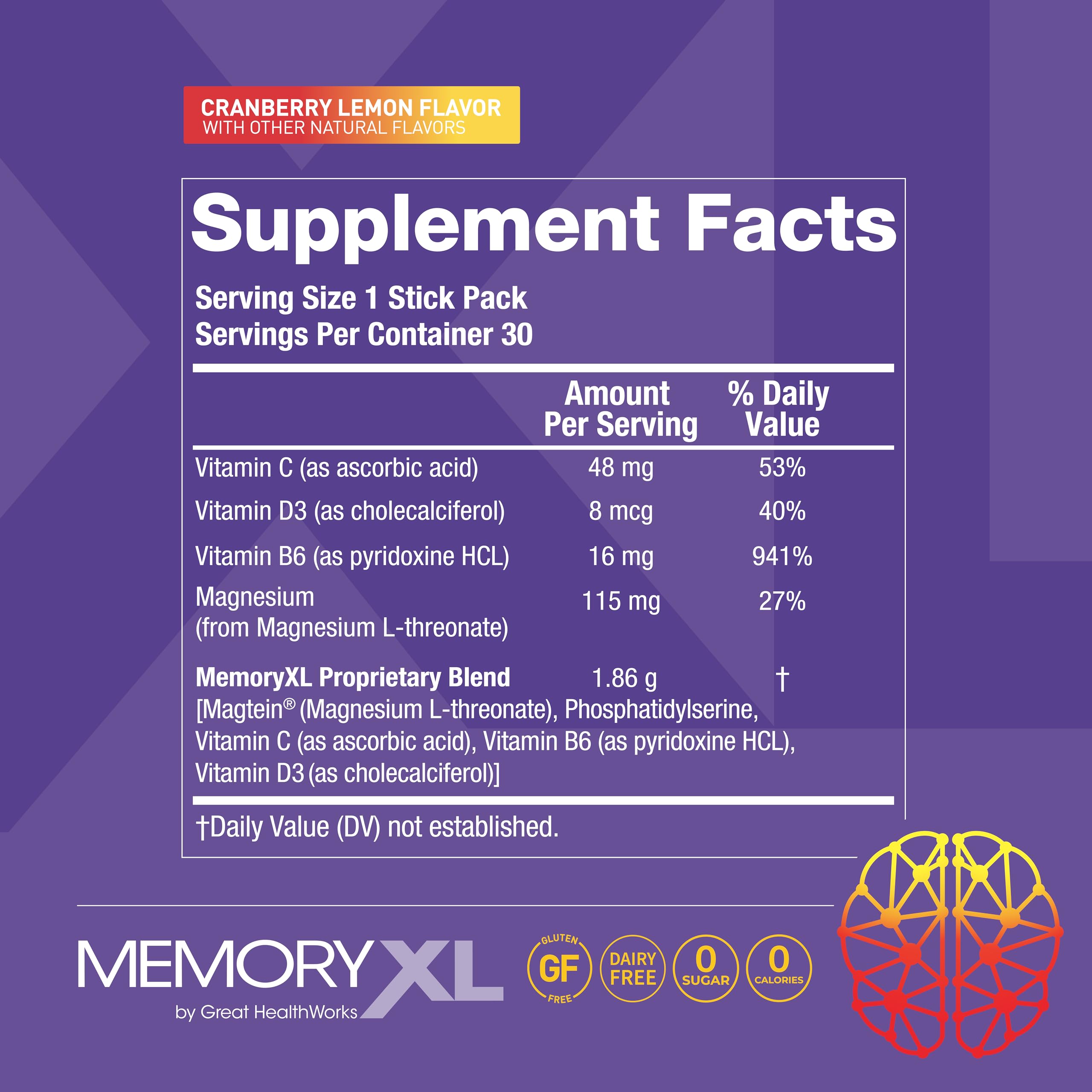 Serving with zero sugar and zero calories labeled on MemoryXL pouch.